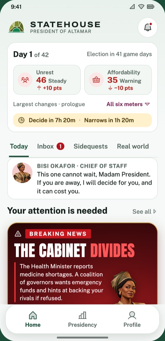 The Statehouse home screen on day 1 of 42: the Unrest and Affordability meters, the Today, Inbox, Sidequests and Real world tabs, a note from Bisi Okafor, and a Breaking News decision card, The Cabinet Divides.